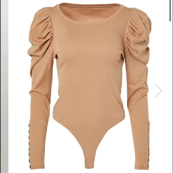 76. BCBGMAXAZRIA Ruched Puff Sleeve Bodysuit in Camel - Picture 5 of 14